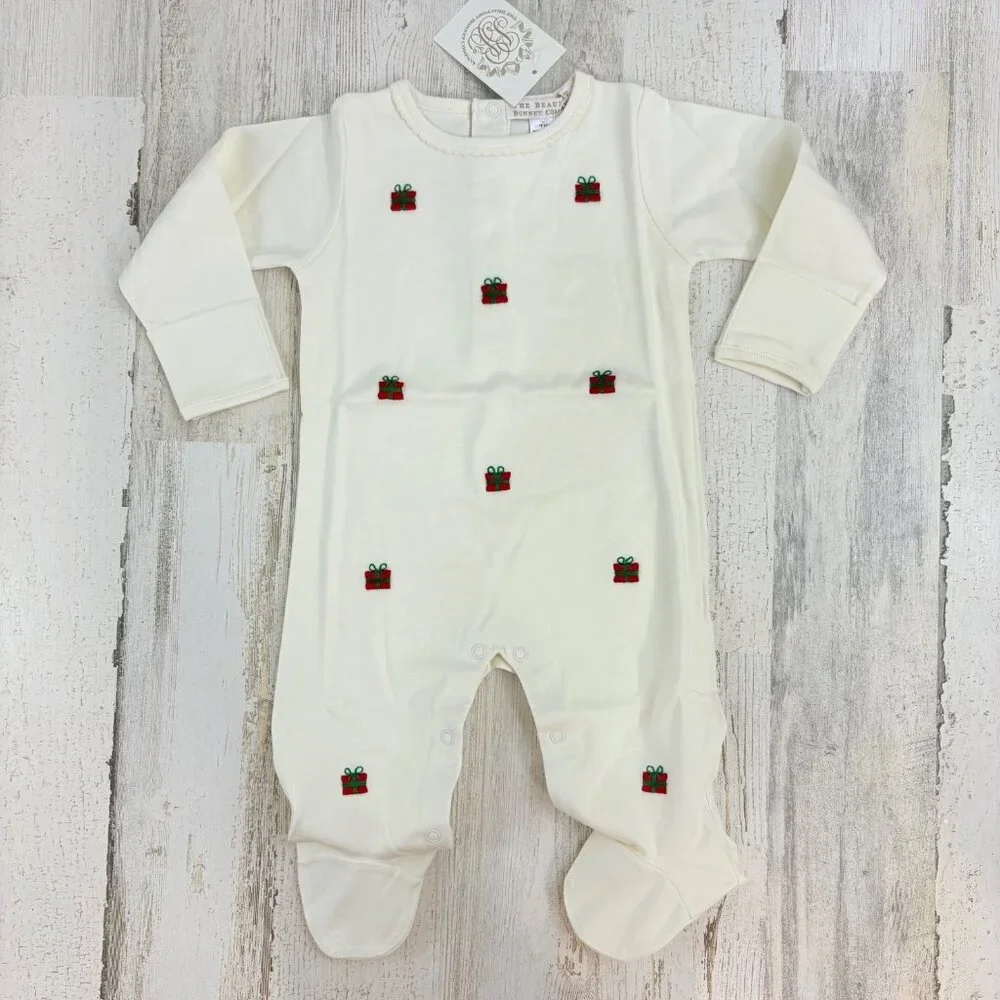 The Beaufort Bonnet Company Rock Me Romper Embroidered Presents 6 to 12 M NWT